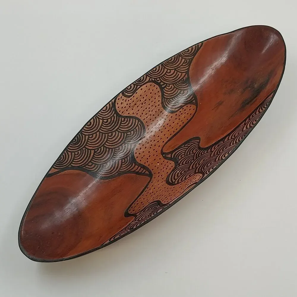 South African Hand Carved Hand Painted Wood Oval Decorative Bowl Abstract 12.5